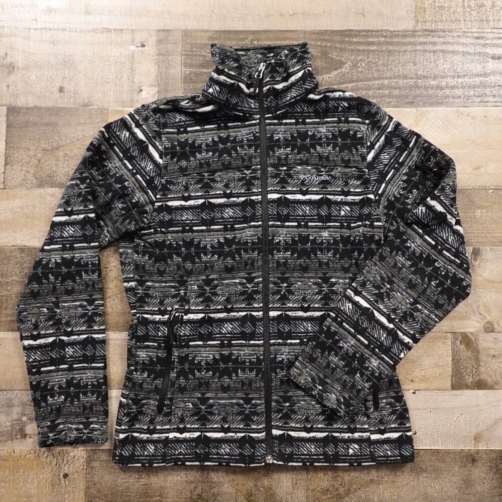 Columbia Women’s Fleece Jacket Small Black White‎ Aztec Print Full Zip